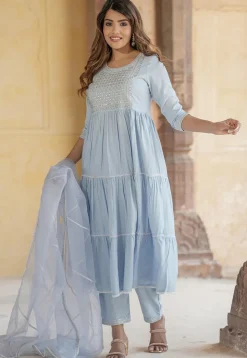 Embroidered Pure Cotton Aline Suit in Sky Blue