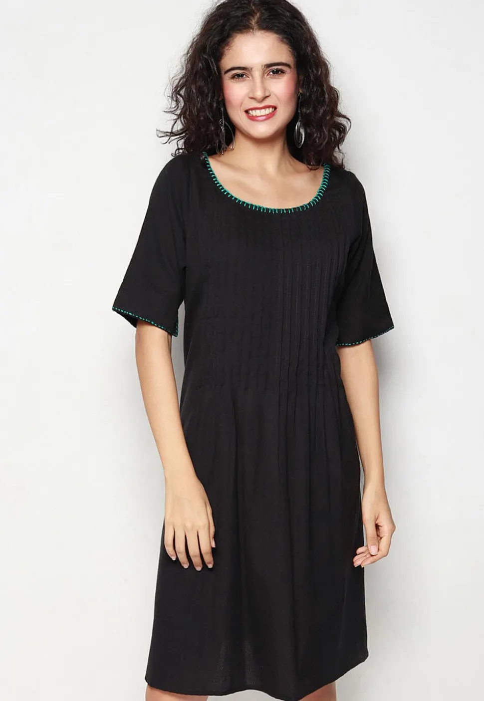 Embroidered Pure Cotton Aline Dress in Black