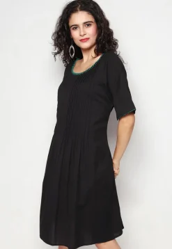 Embroidered Pure Cotton Aline Dress in Black