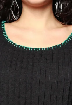 Embroidered Pure Cotton Aline Dress in Black