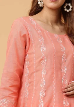 Embroidered Pure Cotton Anarkali Suit in Peach