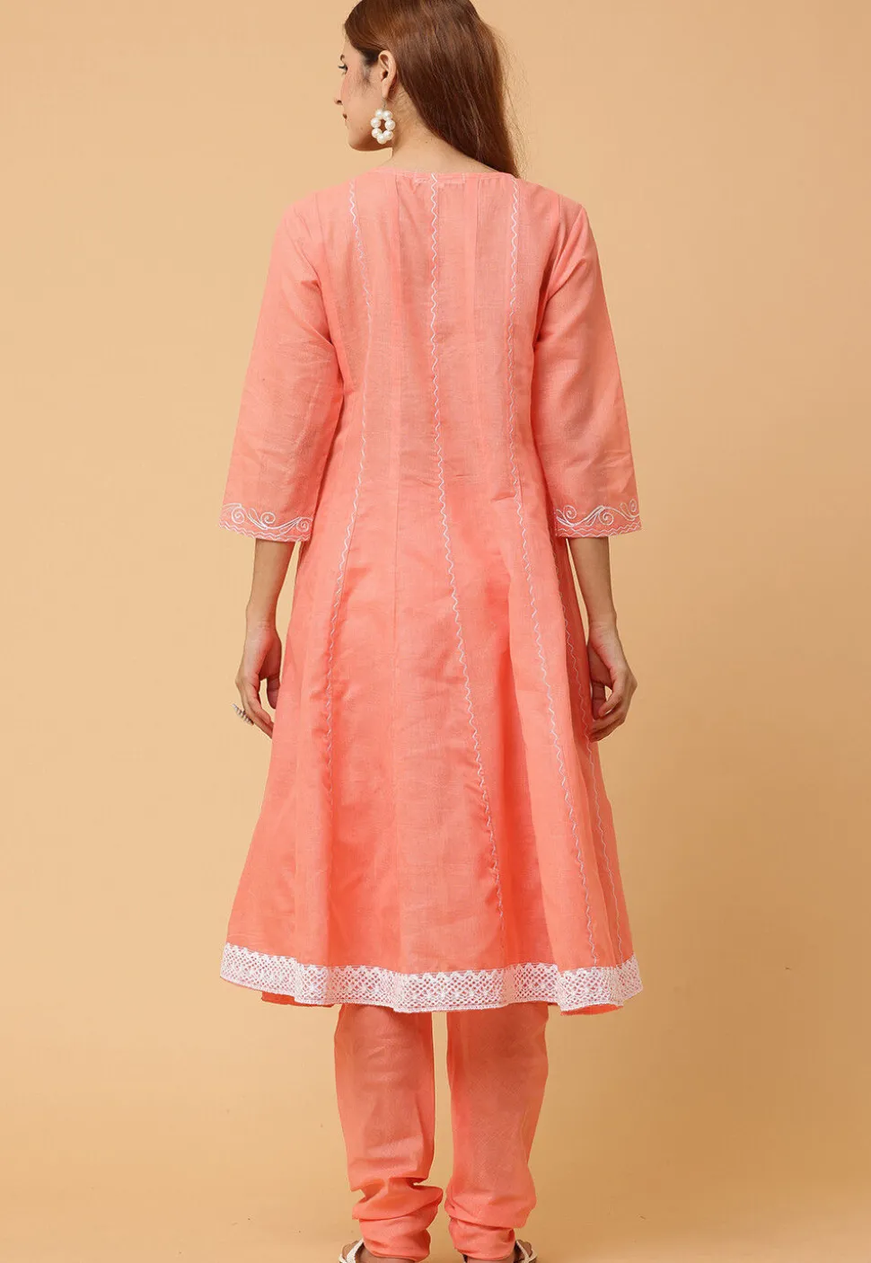 Embroidered Pure Cotton Anarkali Suit in Peach