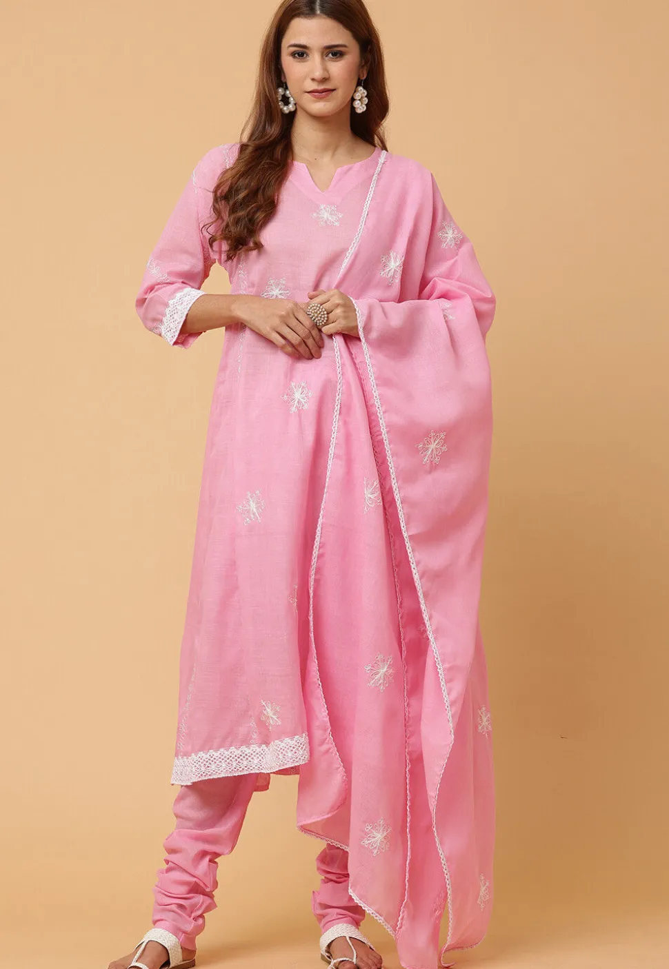 Embroidered Pure Cotton Anarkali Suit in Pink