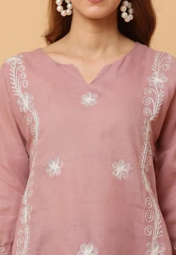 Embroidered Pure Cotton Anarkali Suit in Light Old Rose