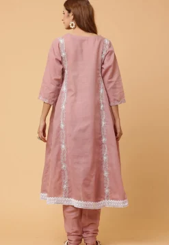 Embroidered Pure Cotton Anarkali Suit in Light Old Rose