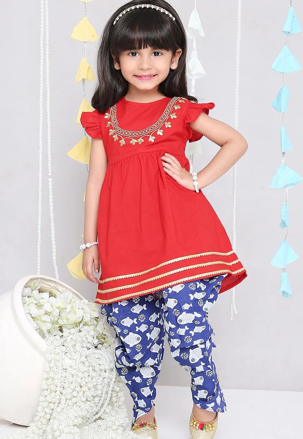 Embroidered Pure Cotton Aline Kurta Set in Red