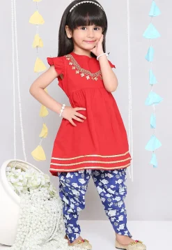 Embroidered Pure Cotton Aline Kurta Set in Red