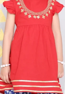 Embroidered Pure Cotton Aline Kurta Set in Red