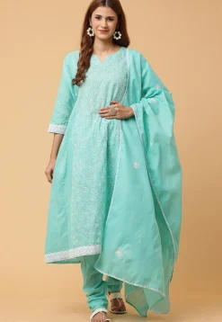 Embroidered Pure Cotton Anarkali Suit in Blue