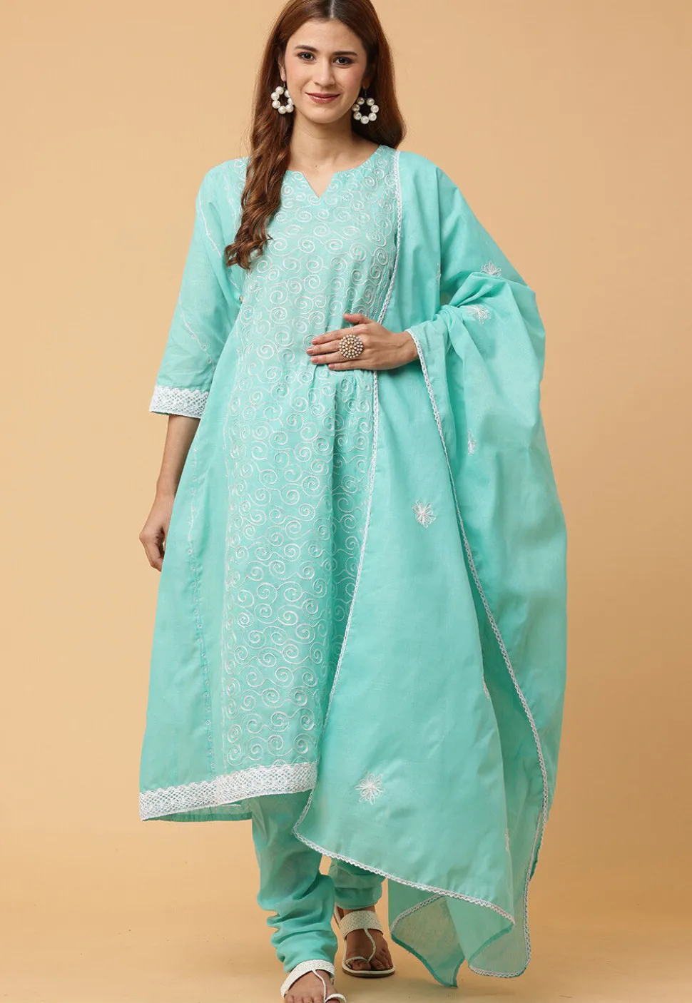 Embroidered Pure Cotton Anarkali Suit in Blue