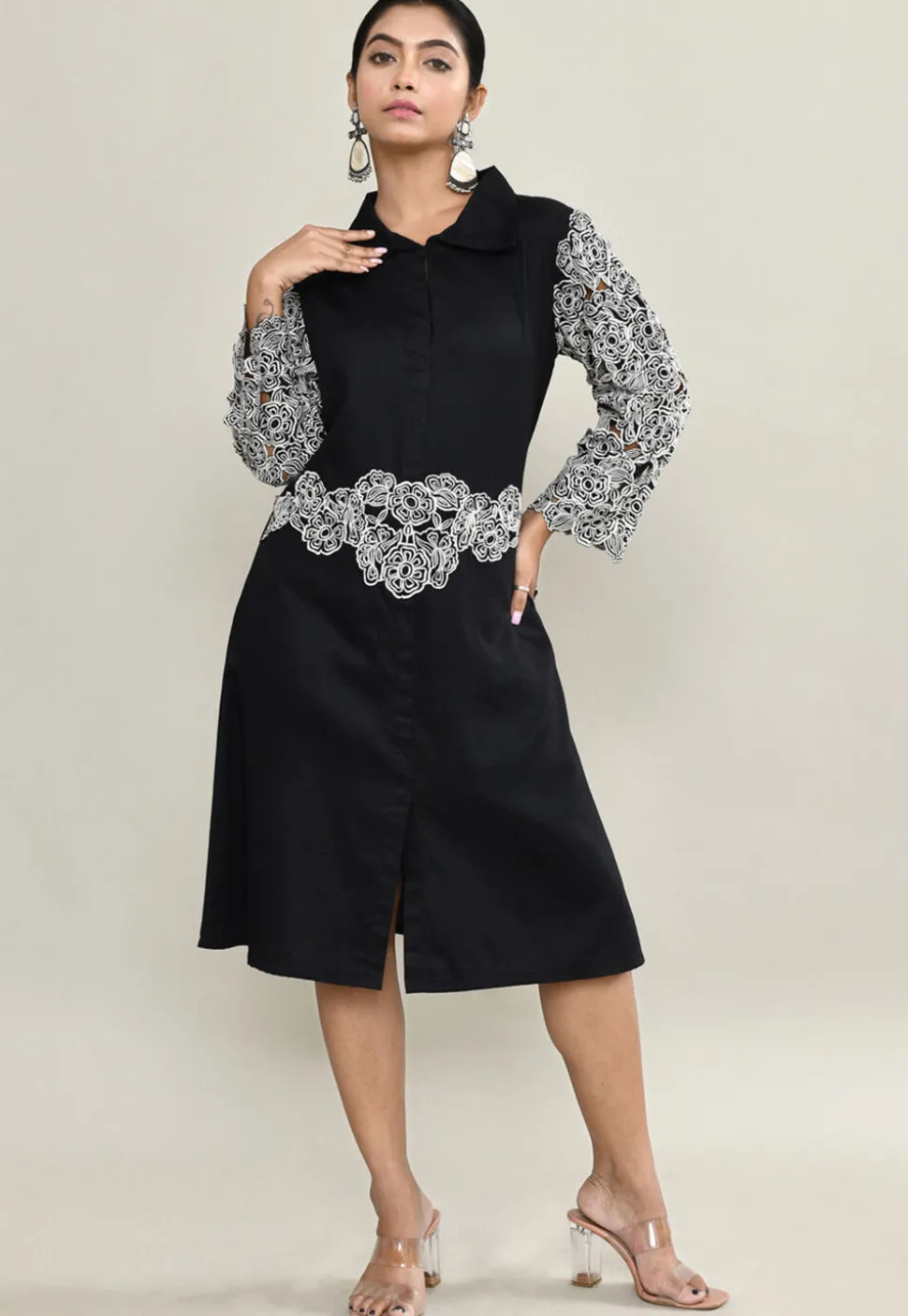 Embroidered Pure Cotton A Line Front Slit Dress in Black