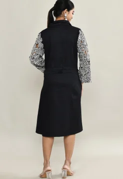 Embroidered Pure Cotton A Line Front Slit Dress in Black