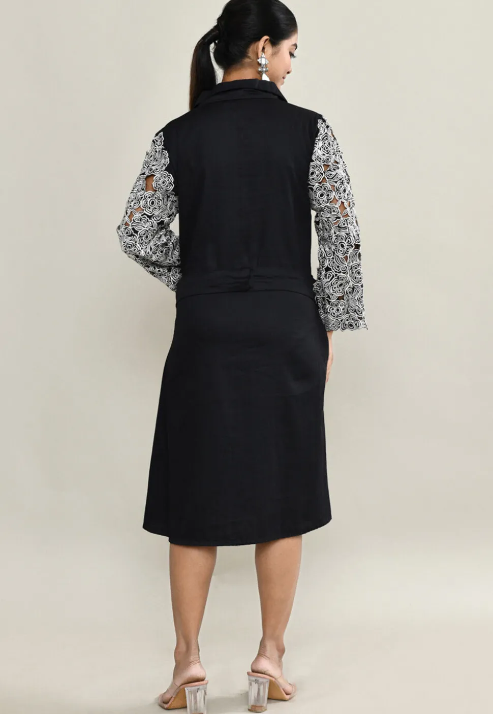 Embroidered Pure Cotton A Line Front Slit Dress in Black
