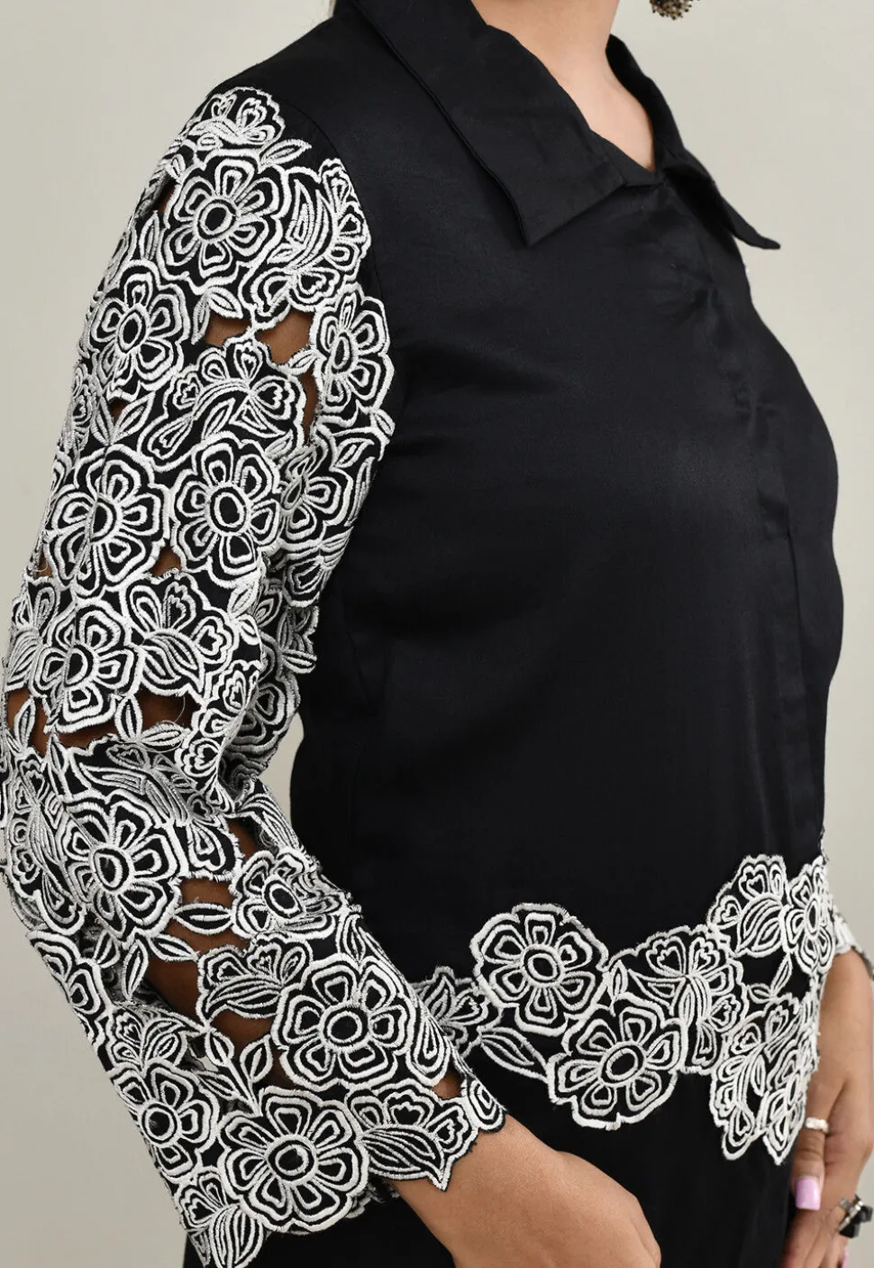 Embroidered Pure Cotton A Line Front Slit Dress in Black