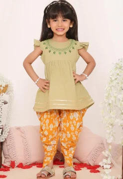 Embroidered Pure Cotton Aline Kurta Set in Dusty Green