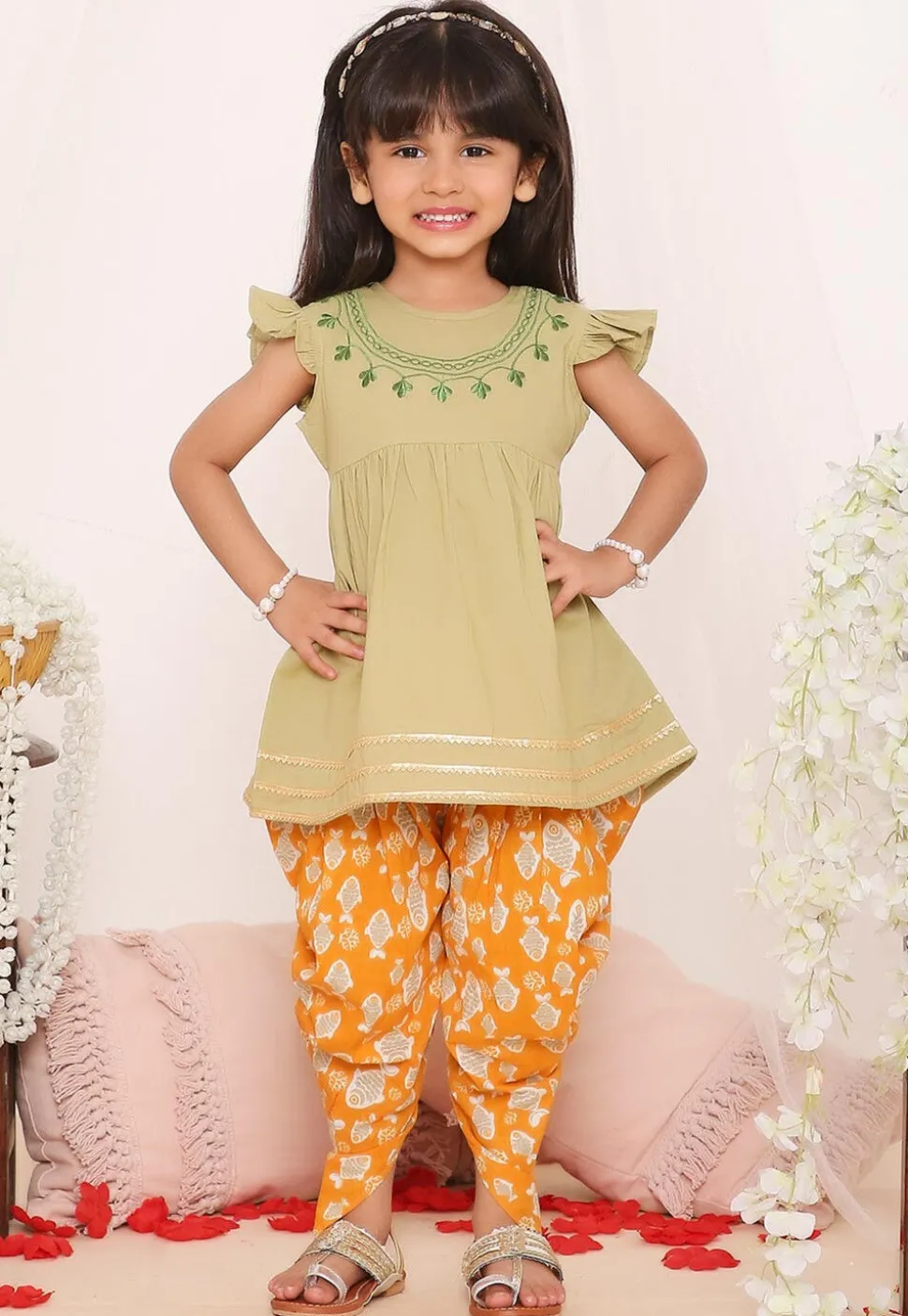 Embroidered Pure Cotton Aline Kurta Set in Dusty Green