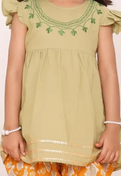 Embroidered Pure Cotton Aline Kurta Set in Dusty Green