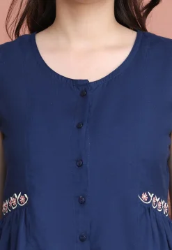 Embroidered Pure Cotton Co Ord Set in Navy Blue