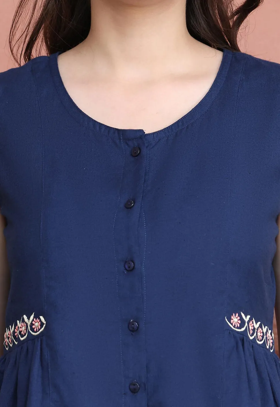Embroidered Pure Cotton Co Ord Set in Navy Blue