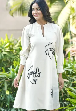 Embroidered Pure Cotton Dress in Off White