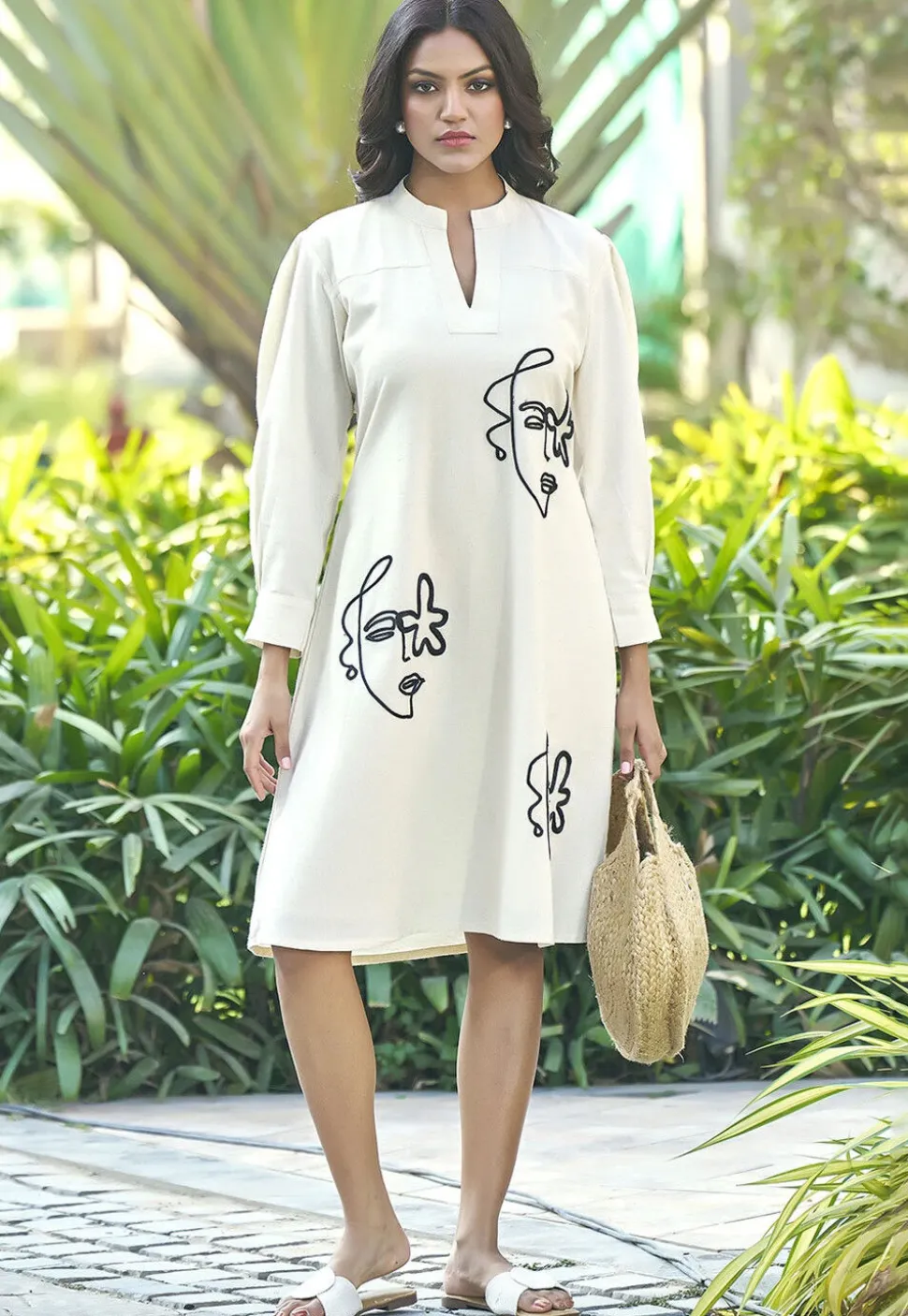 Embroidered Pure Cotton Dress in Off White