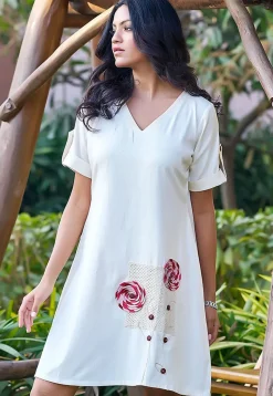 Embroidered Pure Cotton Dress in Off White