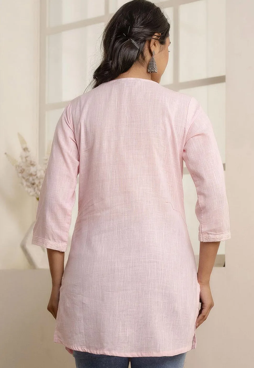 Embroidered Pure Cotton Flex Straight Kurti in Baby Pink