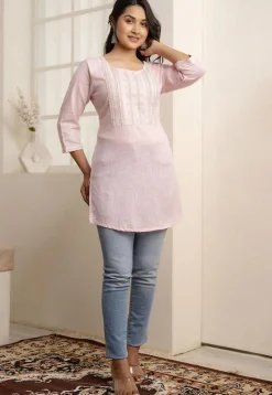 Embroidered Pure Cotton Flex Straight Kurti in Baby Pink