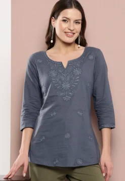 Embroidered Pure Cotton Kurti in Grey