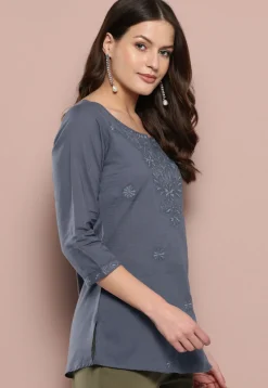 Embroidered Pure Cotton Kurti in Grey