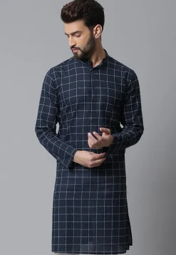 Embroidered Pure Cotton Kurta in Navy Blue