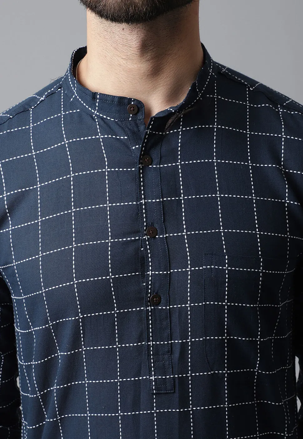 Embroidered Pure Cotton Kurta in Navy Blue