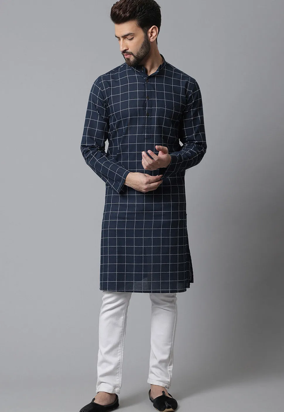 Embroidered Pure Cotton Kurta in Navy Blue