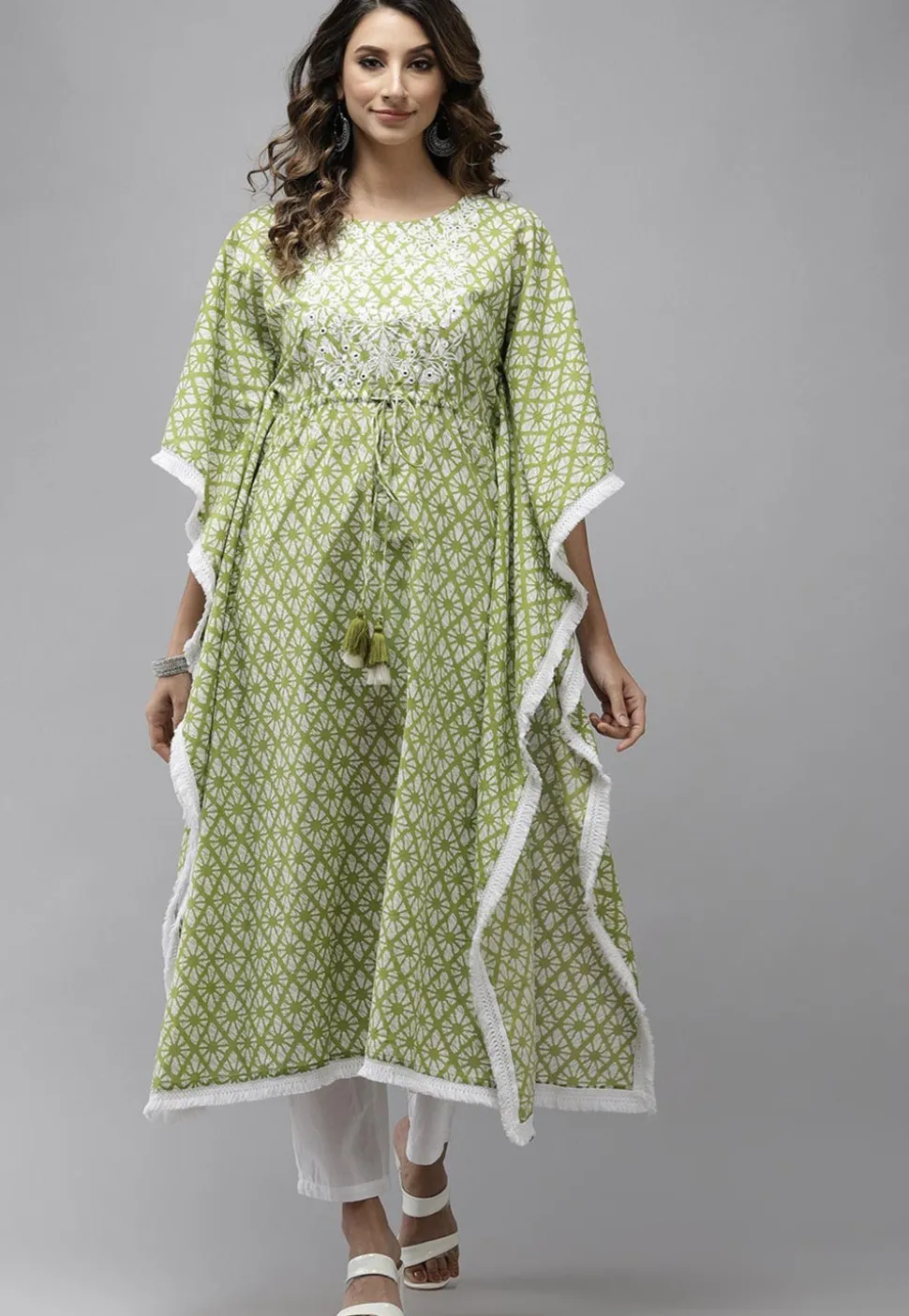 Embroidered Pure Cotton Kaftan Style Kurta in Light Green