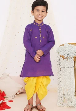 Embroidered Pure Cotton Kurta Set in Purple