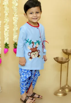 Embroidered Pure Cotton Kurta Set in Light Blue