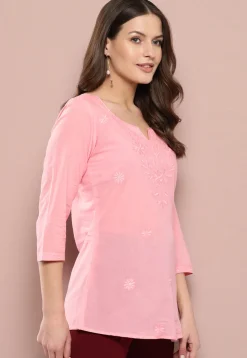 Embroidered Pure Cotton Kurti in Peach