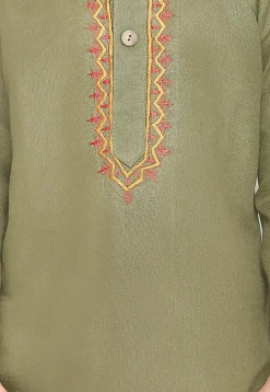 Embroidered Pure Cotton Kurta Set in Olive Green