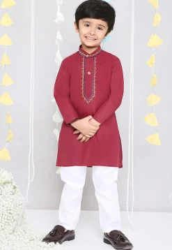 Embroidered Pure Cotton Kurta Set in Maroon