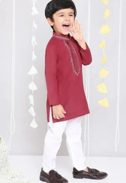 Embroidered Pure Cotton Kurta Set in Maroon