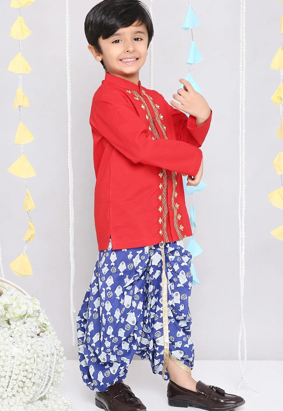 Embroidered Pure Cotton Kurta Set in Red