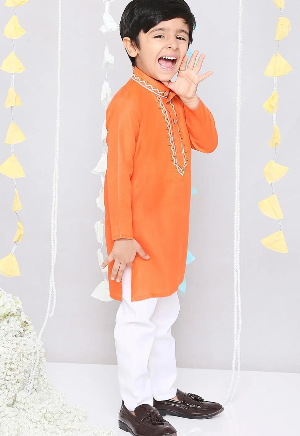Embroidered Pure Cotton Kurta Set in Orange