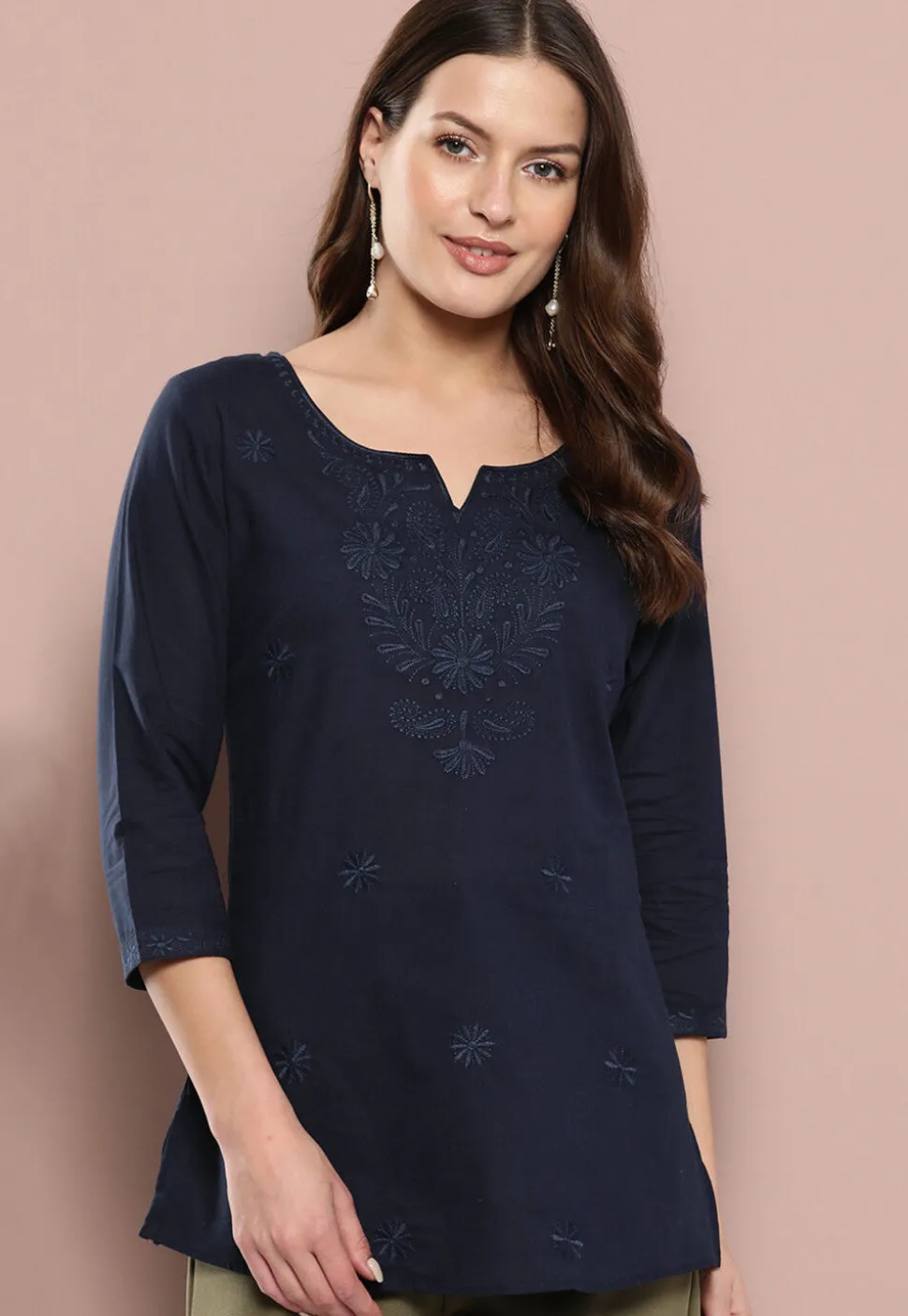 Embroidered Pure Cotton Kurti in Dark Blue