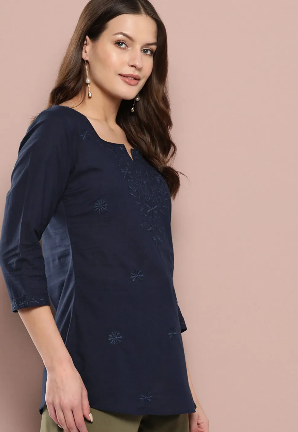 Embroidered Pure Cotton Kurti in Dark Blue