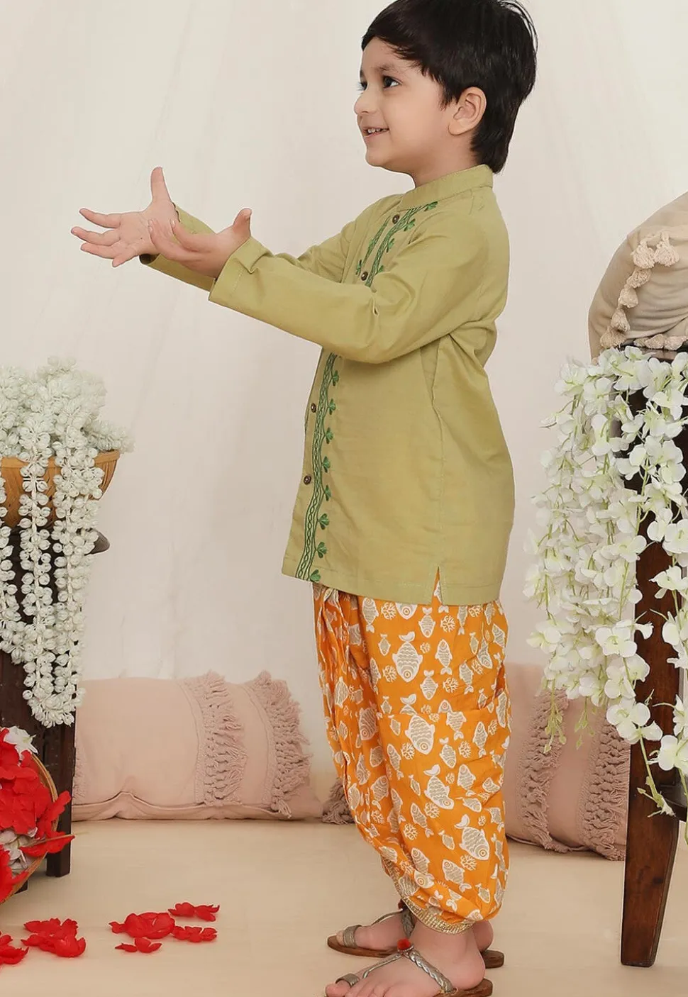 Embroidered Pure Cotton Kurta Set in Dusty Green