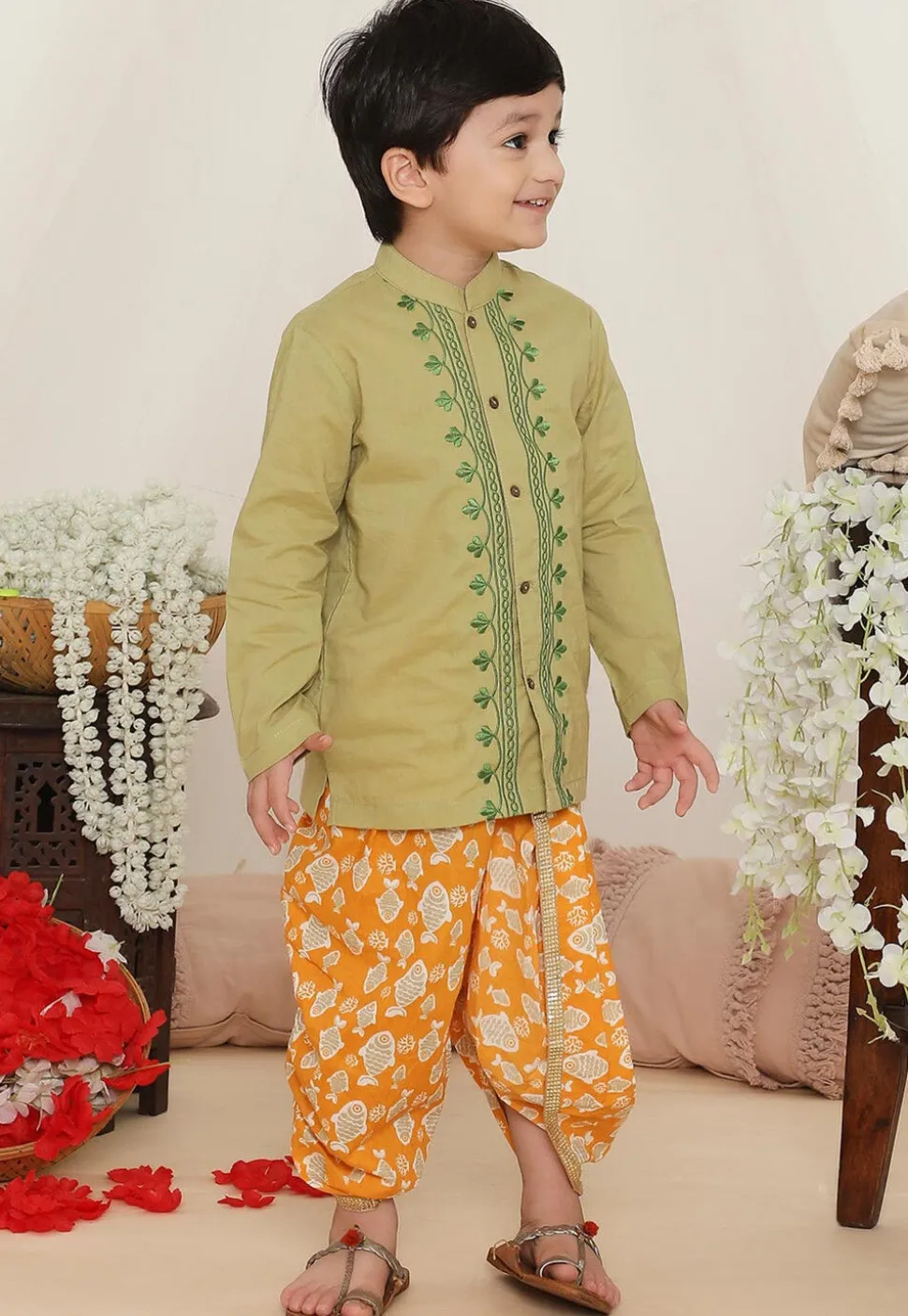 Embroidered Pure Cotton Kurta Set in Dusty Green
