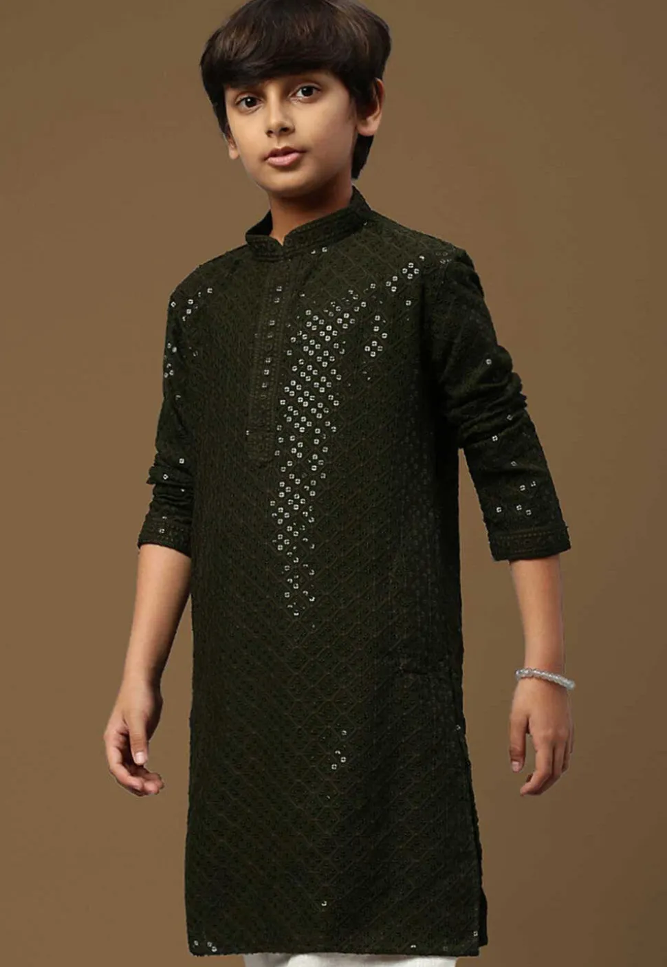 Embroidered Pure Cotton Kurta in Dark Olive Green