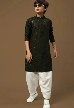 Embroidered Pure Cotton Kurta in Dark Olive Green