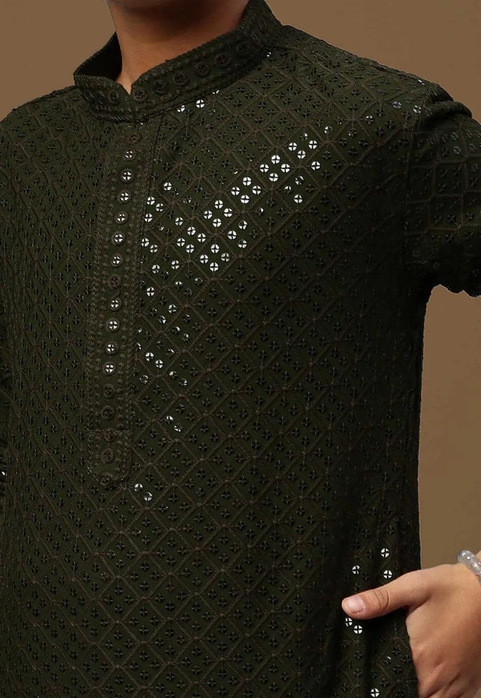 Embroidered Pure Cotton Kurta in Dark Olive Green