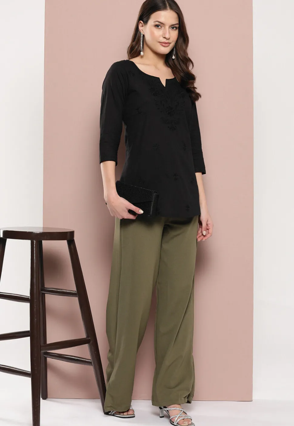 Embroidered Pure Cotton Kurti in Black